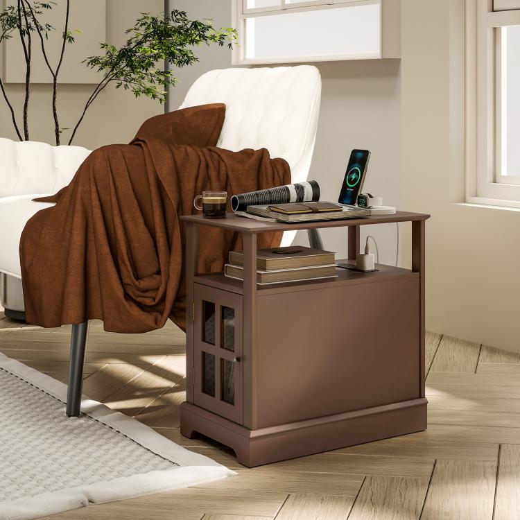 Brown side end table with charging top, open shelf, and cabinet storage beside sofa
