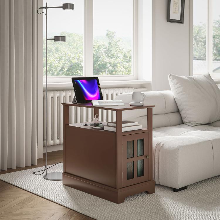 Brown charging end table with glass-door cabinet and open shelf in living room
