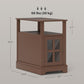 Brown narrow end table with glass-door cabinet; size shown with height and width