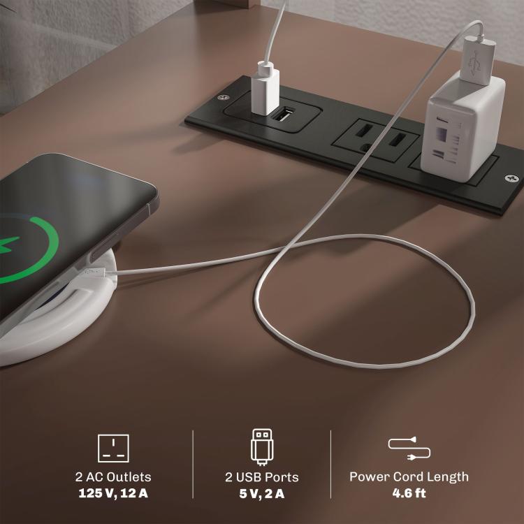 Brown tabletop charging station with power outlets and USB ports on black panel