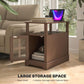 Brown narrow end table with charging top, open shelf, and cabinet door storage
