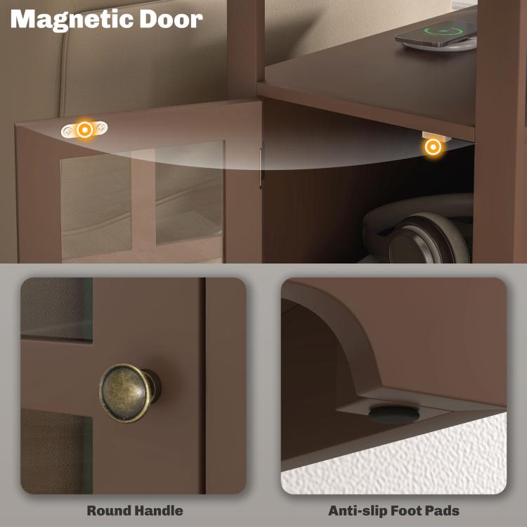 Brown cabinet door with round handle and anti-slip foot pads detail on end table