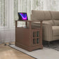 Brown narrow end table with charging top and glass-door cabinet beside sofa