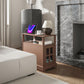 Brown narrow end table with charging top and glass-door cabinet near couch