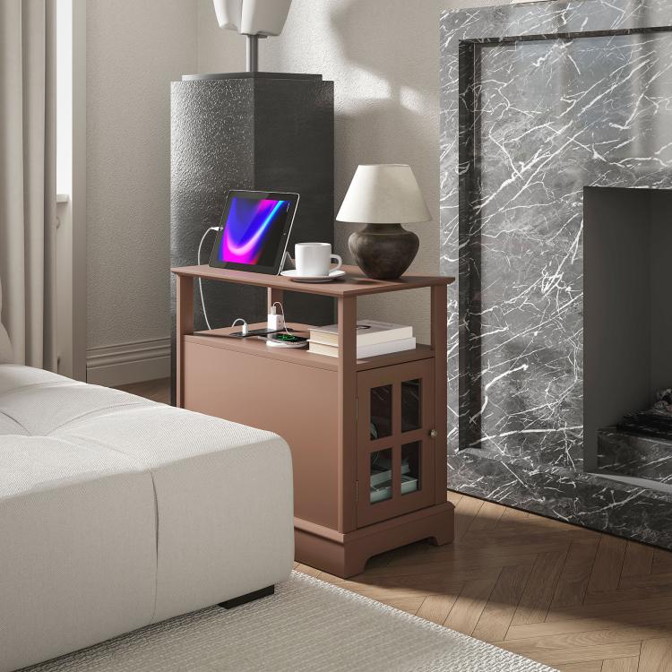 Brown narrow end table with charging top and glass-door cabinet near couch