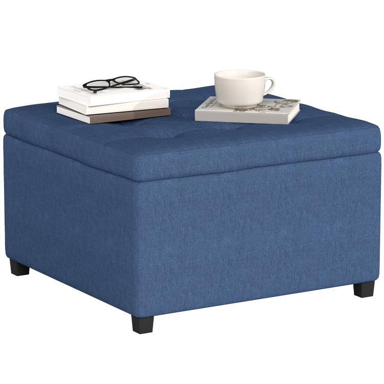 Blue round storage ottoman bench with button-tufted top and flip-open lid