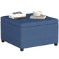 Blue upholstered storage ottoman bench with square top and flip-open lid