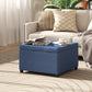 Blue storage ottoman with flip-top lid in a living room setting