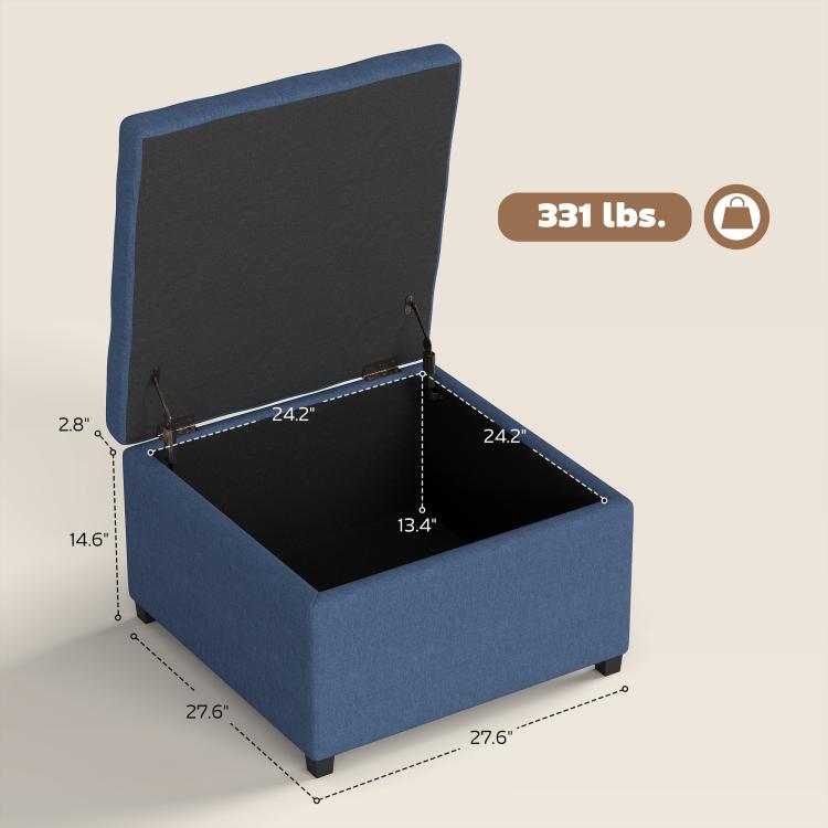 Blue storage ottoman with hinged lid, shown with size and weight diagram
