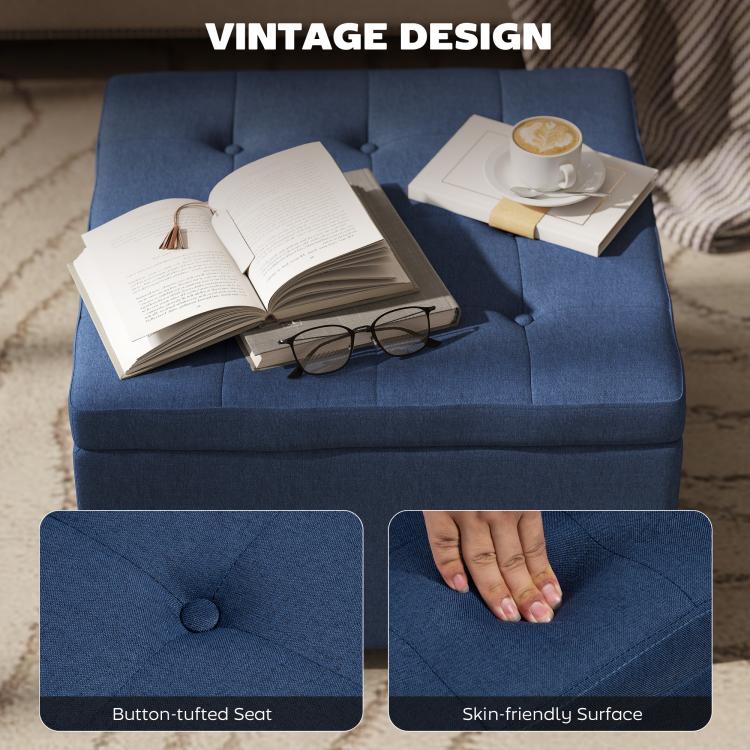 Blue button-tufted storage ottoman seat with top open for everyday use