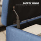 Close-up of blue ottoman flip-top safety hinge on the open lid