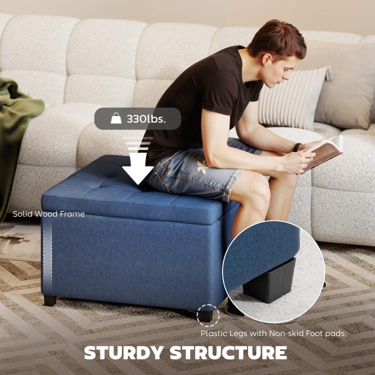 Blue storage ottoman with sturdy frame and plastic legs with non-slip pads