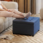 Blue cushioned storage ottoman with flip-top, shown in a living room