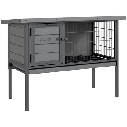 Gray elevated wooden rabbit hutch with front door and wire enclosure on legs