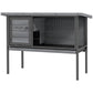 Gray elevated wooden rabbit hutch with open front door and wire mesh side panel