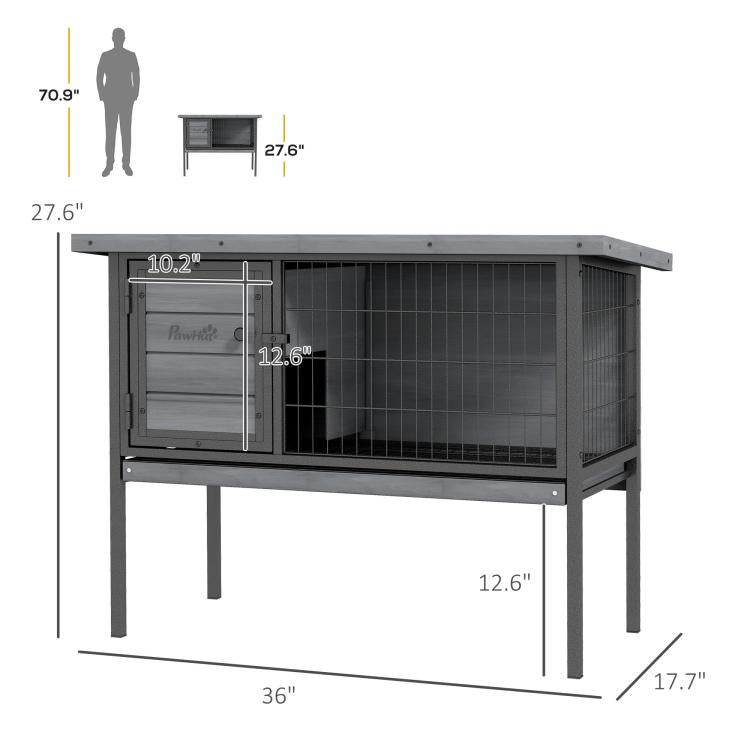 Gray elevated rabbit hutch with labeled dimensions, wire mesh enclosure and front door