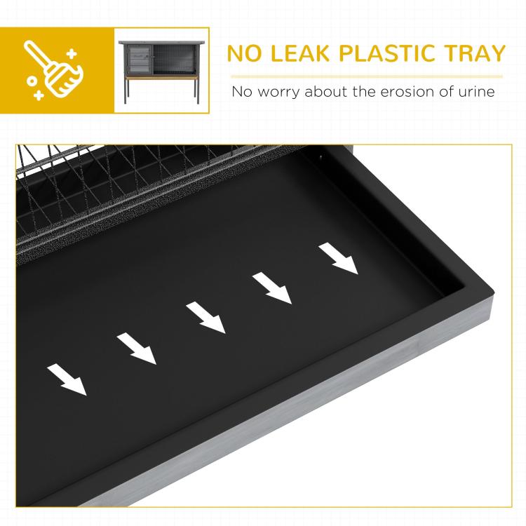 Black no-leak plastic tray insert with raised edges for an elevated rabbit hutch