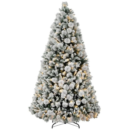 Flocked prelit artificial Christmas tree with clear lights, full conical shape