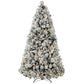 Flocked prelit artificial Christmas tree with clear lights on metal stand, full view