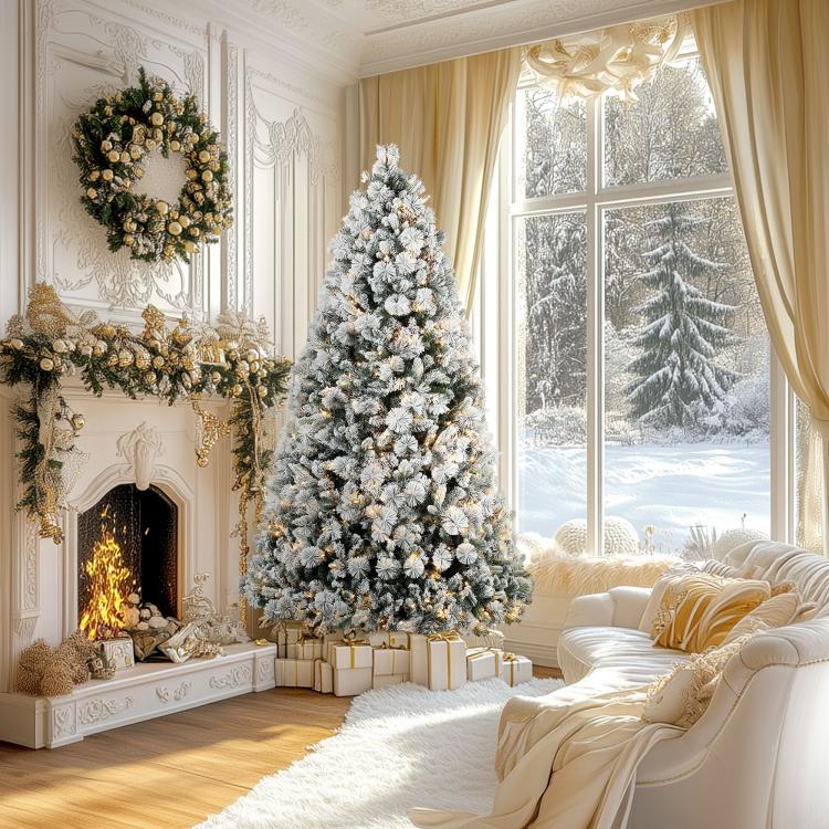 Flocked prelit artificial Christmas tree with clear lights, snowy white foliage