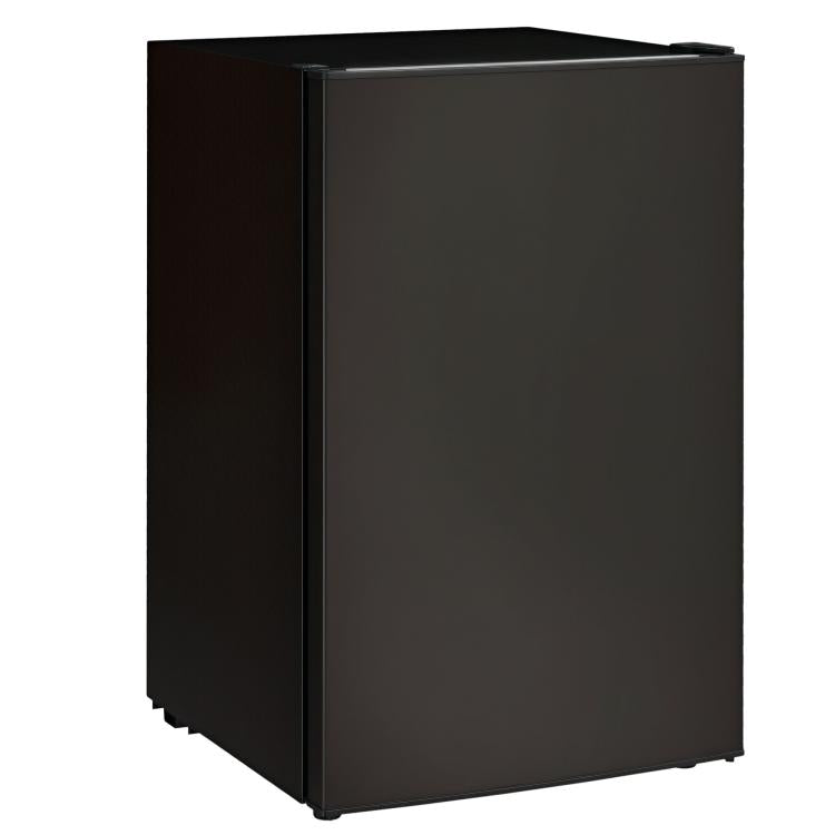 Black mini single-door refrigerator with freezer compartment, side view.