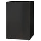 Black mini single-door refrigerator with hinged door, front view.