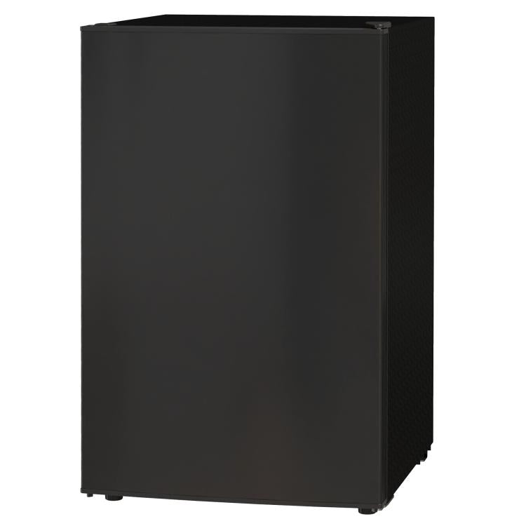 Black mini single-door refrigerator with hinged door, front view.