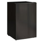Black compact single-door mini fridge with freezer, side corner view