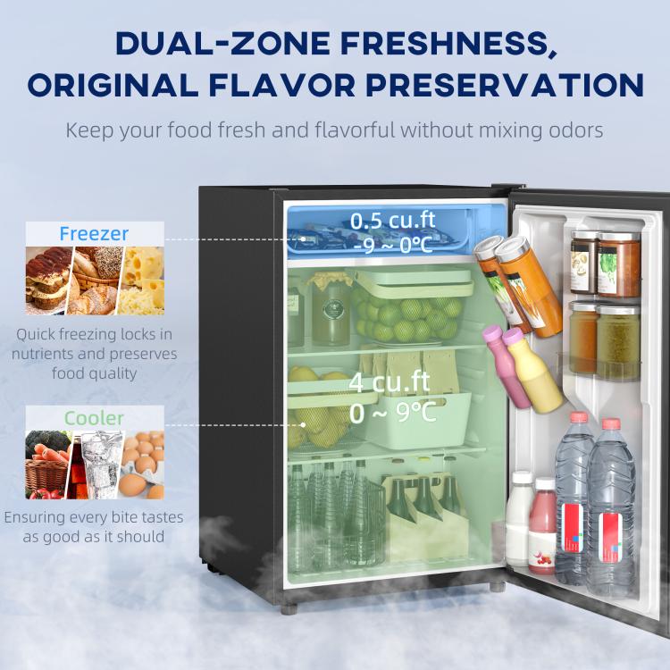 Black mini fridge with open door showing refrigerator and freezer sections.