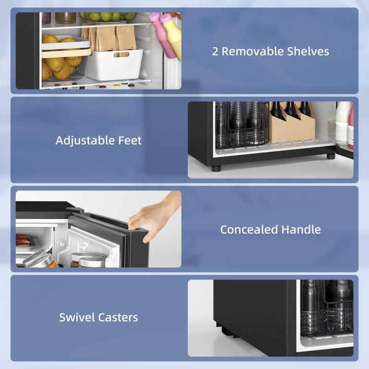 Black mini fridge interior and base features, including shelves, handle, and casters.