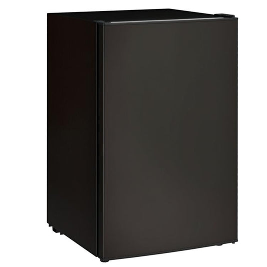 Black mini single-door refrigerator with freezer compartment, side view.