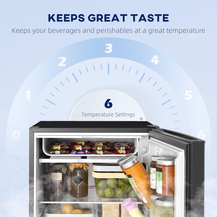 Black mini fridge with open door, food and drinks arranged on interior shelves.