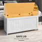 White storage trunk bench with lid open, showing interior and hinge supports