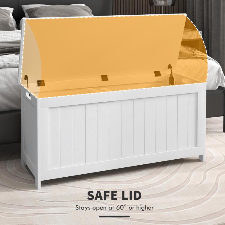 White storage trunk bench with lid open, showing interior and hinge supports