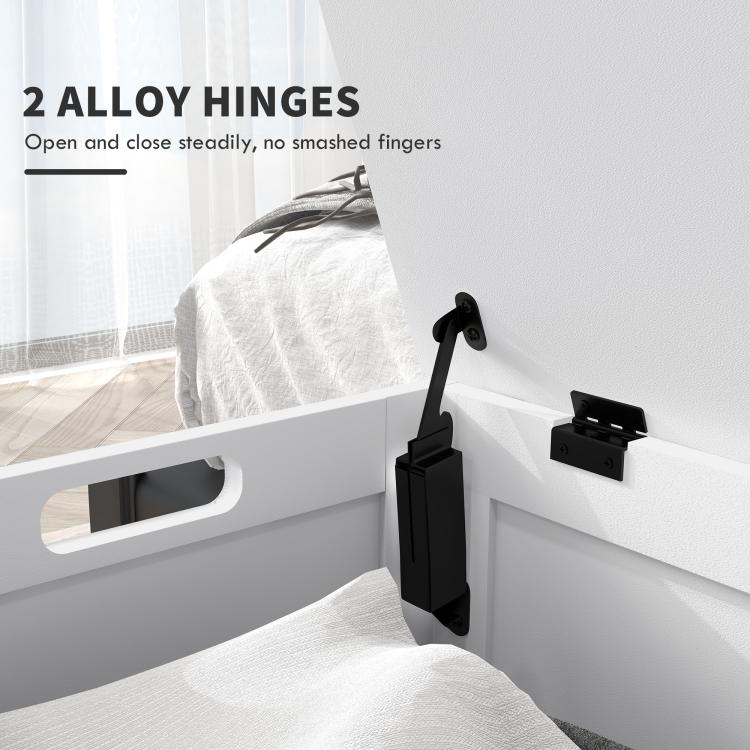 White storage trunk lid hinge and side lift handle detail