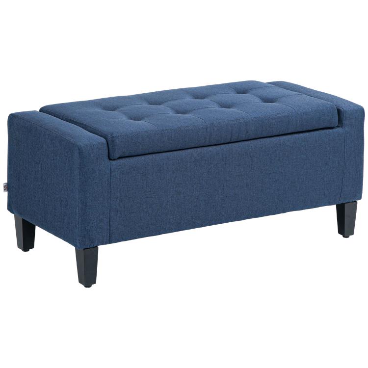 Dark blue upholstered storage ottoman bench with button tufted top and lift lid