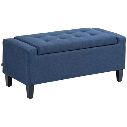 Dark blue upholstered storage ottoman bench with button tufted top and lift lid