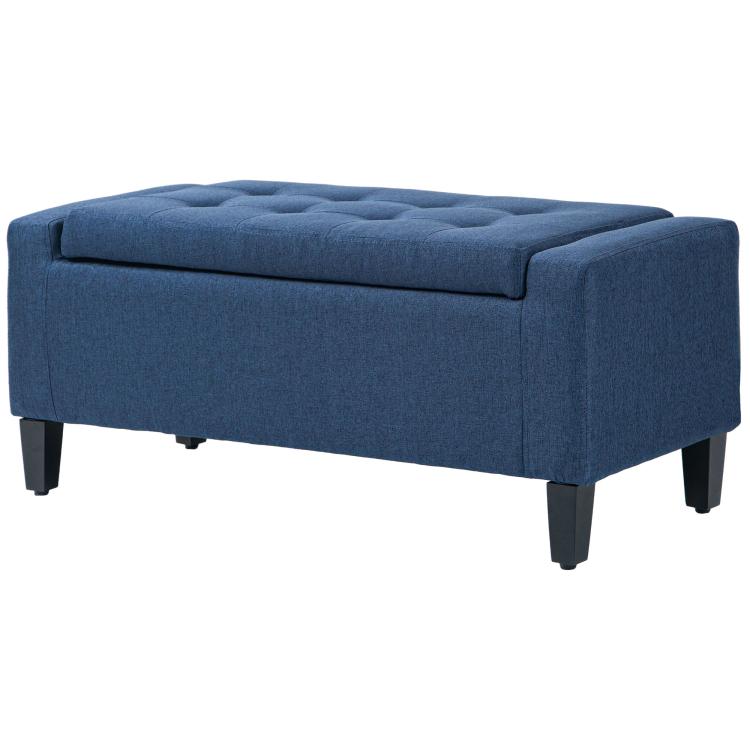 Dark blue upholstered storage ottoman bench with button tufted lid and wooden legs