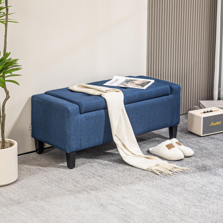 Dark blue button tufted lift-top storage ottoman bench with raised lid