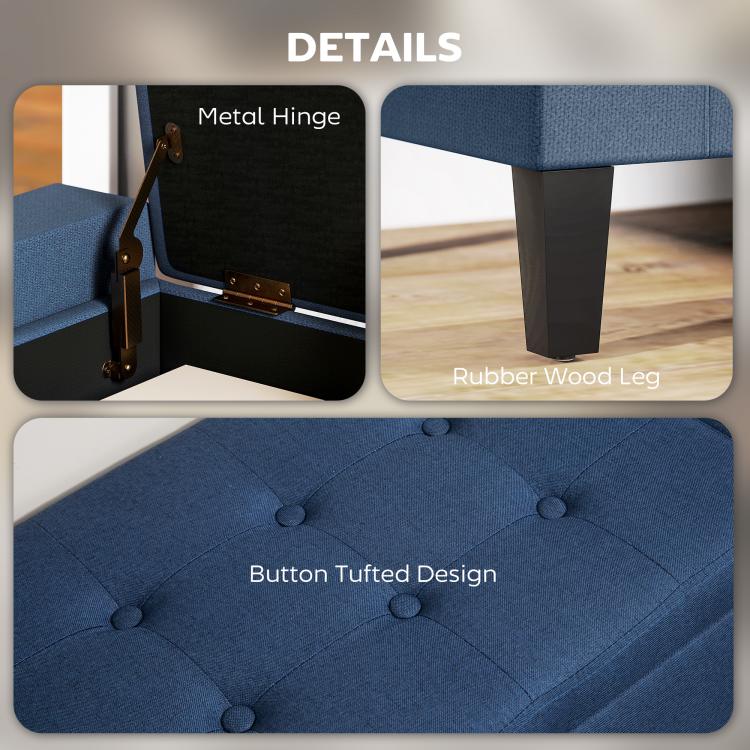 Dark blue button tufted upholstered ottoman with metal hinge and rubber wood legs