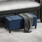 Dark blue lift-top storage ottoman bench with open lid and dark wooden legs