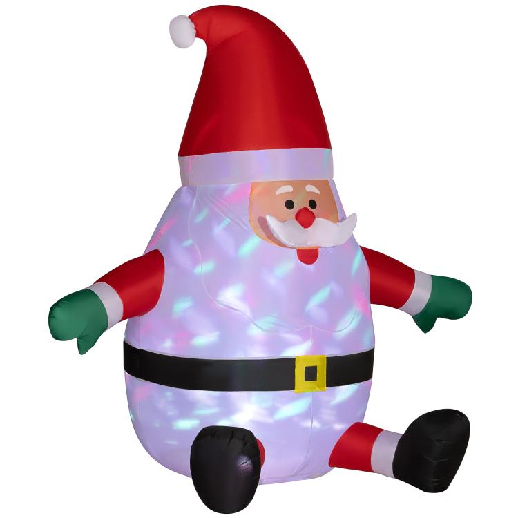 Inflatable Santa yard decoration with glowing light pattern across red hat and white suit