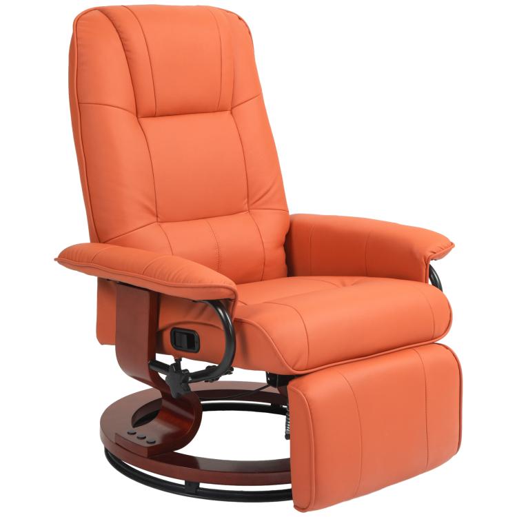 Orange manual recliner with padded armrests, footrest, and wrapped wood base