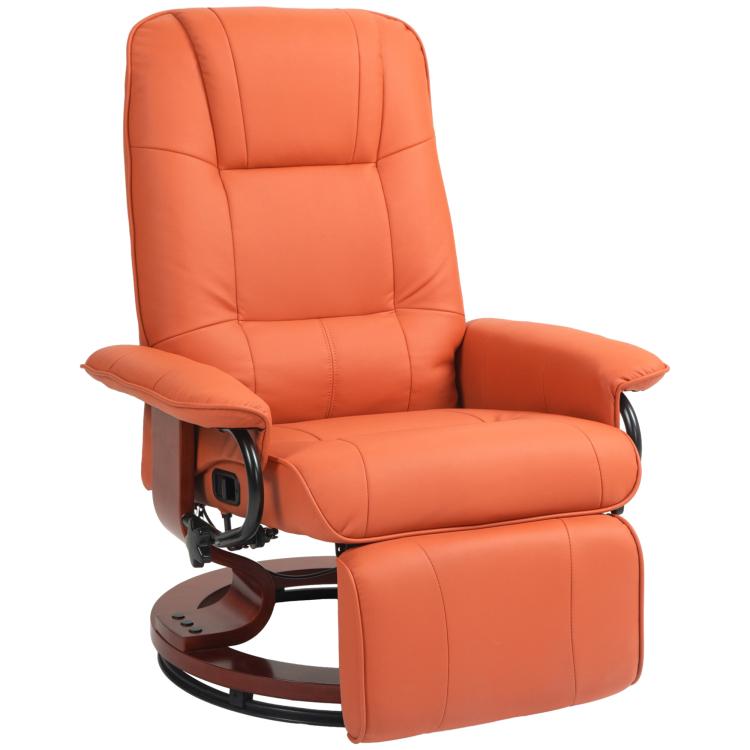 Orange manual swivel recliner chair with extended footrest and padded seat