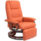 Orange leather swivel recliner with padded armrests, footrest, and manual control