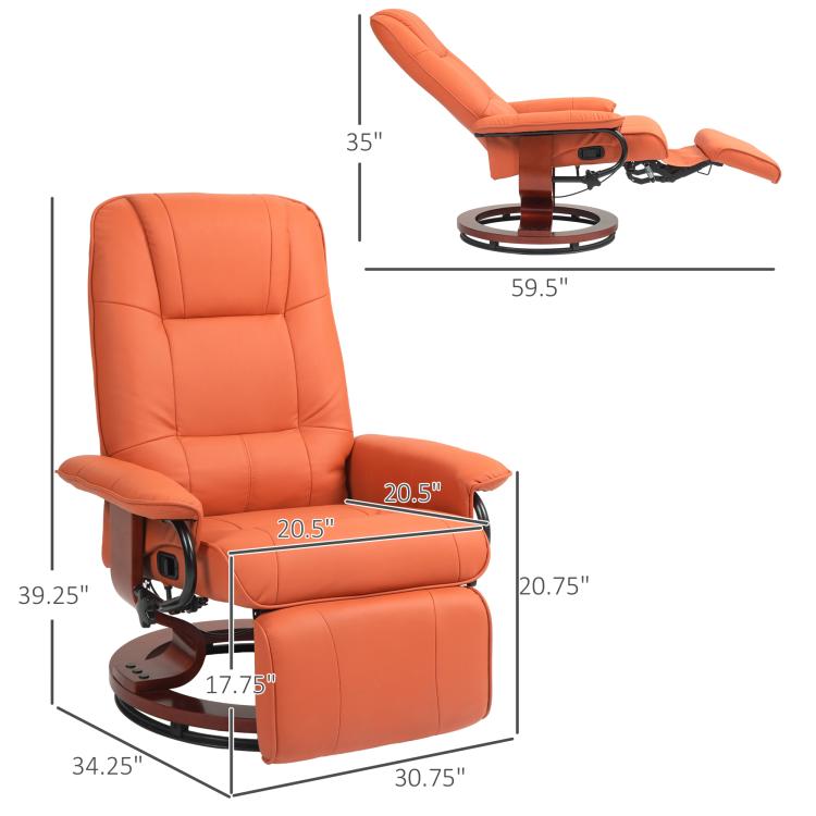 Orange recliner chair with footrest, shown with overall size dimensions
