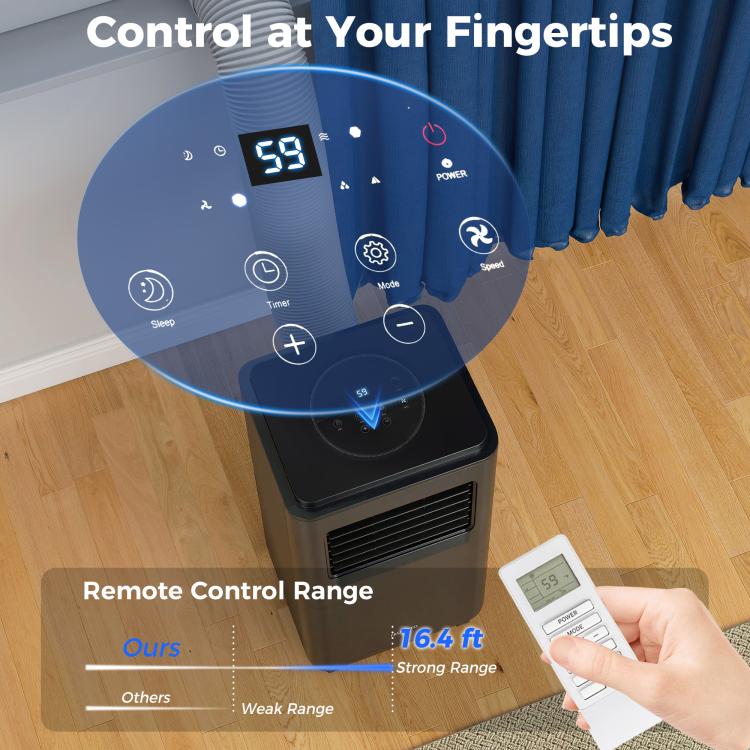 Black air conditioner with glowing digital display and remote control