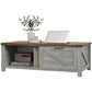 Farmhouse coffee table with wood top, open shelf, and gray cabinet drawer