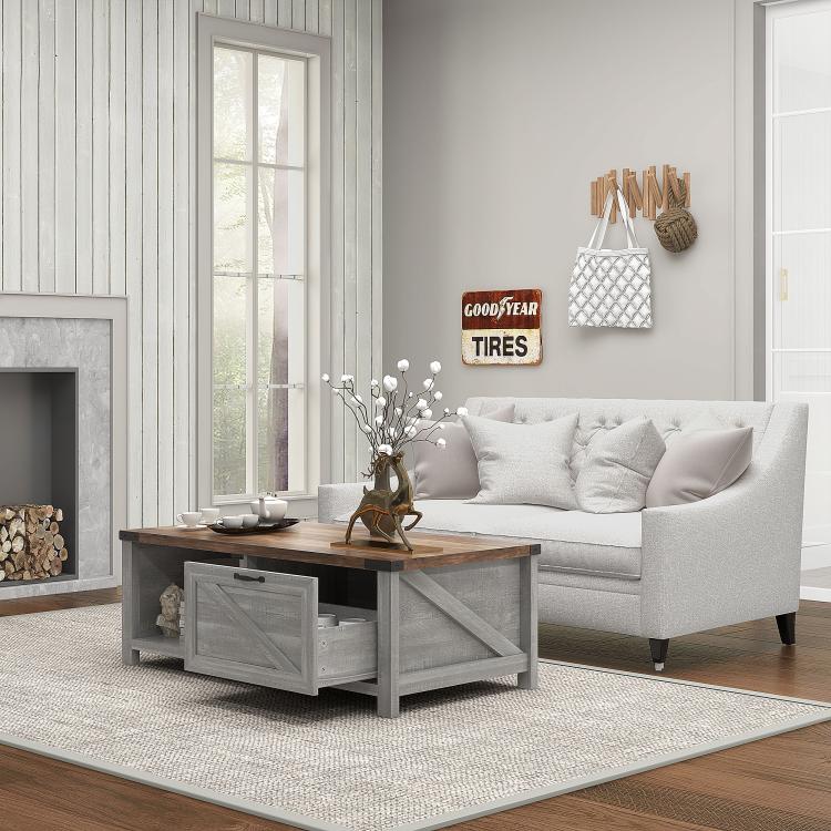 Distressed gray coffee table with drawer and open shelf, farmhouse style