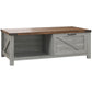 Gray coffee table with storage drawer and open shelf, distressed farmhouse style